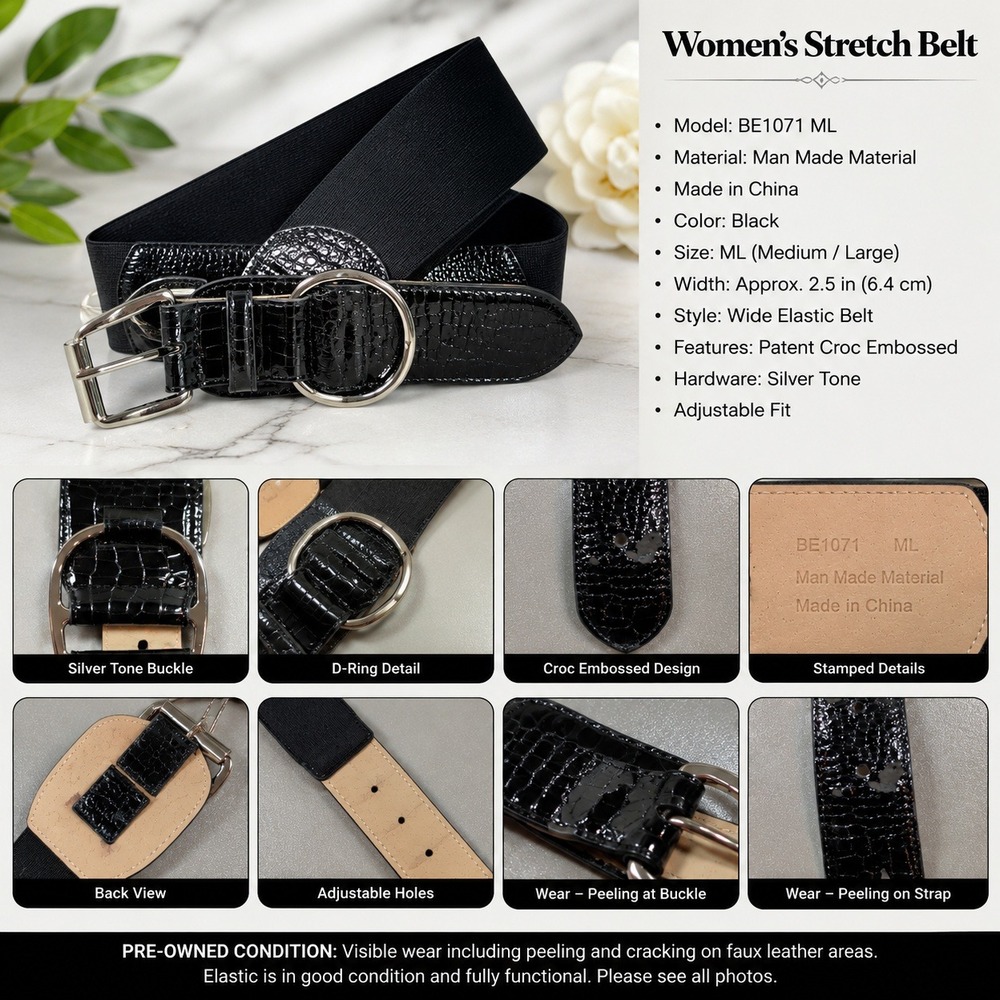 Black Croc Embossed Wide Elastic Waist Belt Silver Buckle BE1071‎ ML